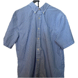 Saddlebred Mens Large Shirt Blue White Gingham Check Short Sleeve Classic Fit L